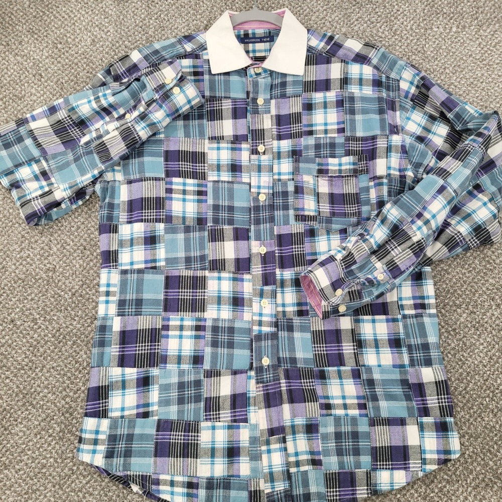 McKenzie Tribe Mens Patchwork Plaid Button Down Shirt Blue Purple Size M Cotton